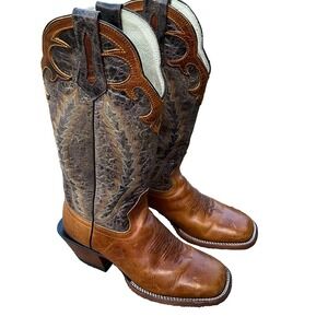 Texas Bunkhouse Brown Leather Embroidered Square Toe Boots Men Size Mex 6.5 US 8